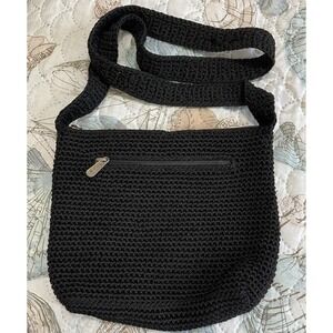 Vintage The Sak 1990's Woven Hand‎ Crochet Shoulder Bag Black Hobo Boho Zip 9x7